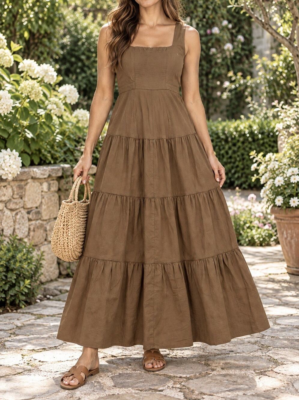 Banana Republic Factory Dress Women 10 Brown Cotton Tiered Smocked Back Sundress
